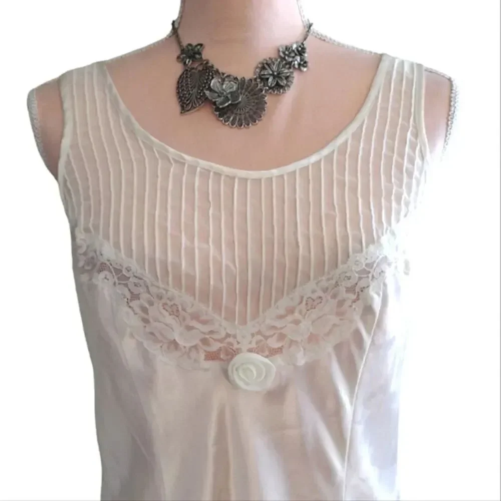 VTG 80s White Satin Floral Lace Rosette Mini Lingerie Slip Dress Small - Picture 13 of 17